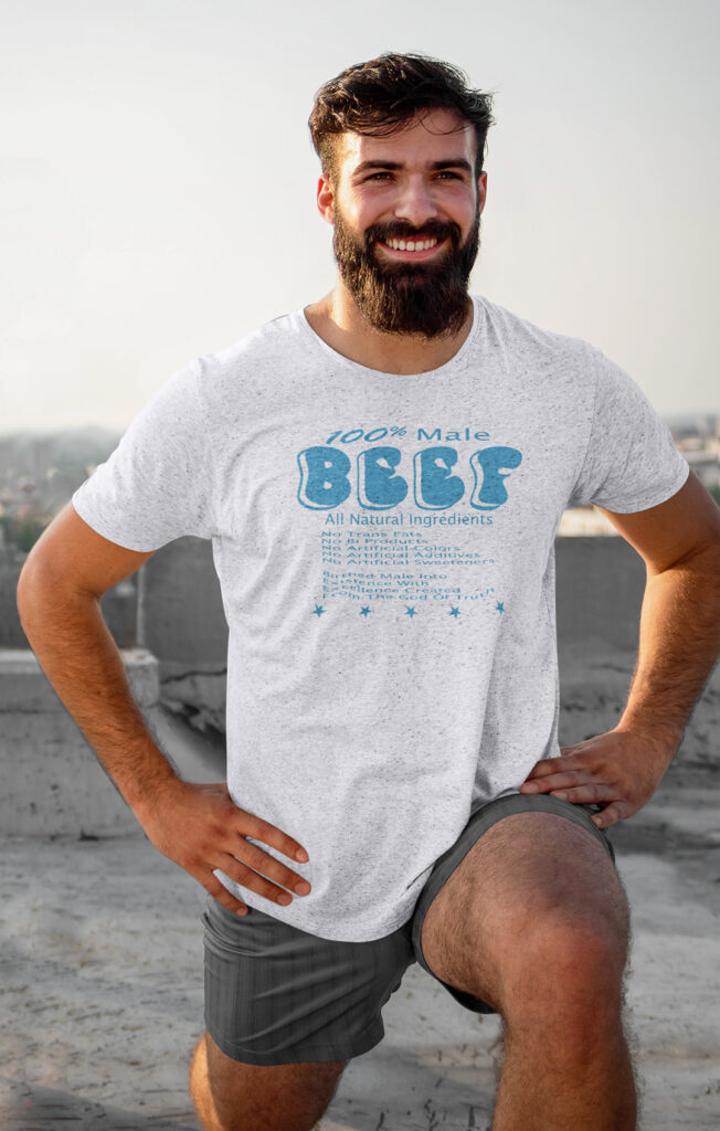 bearded man exercising with a 100% BEEF t-shirt good fit