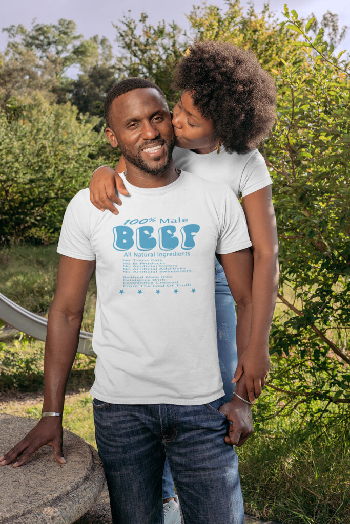 lady kissing her male friend wearing a 100% BEEF t-shirt